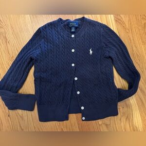 Polo by Ralph Lauren Navy Preppy Cable-Knit Button Cardigan with Logo (Kids 7)